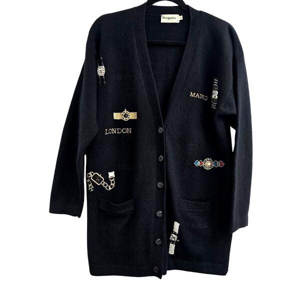 Magnolia Womens Wool Angora Cardigan Sweater M Black Embroidered ArtToWear Money - Picture 1 of 16